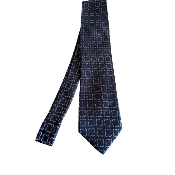 Barbara Blank Black Blue Geometric Silk Neck Tie - Picture 1 of 5